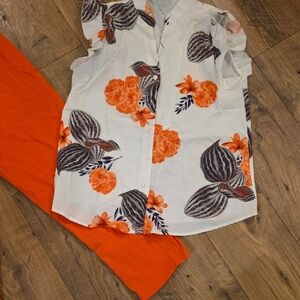 Floral Button-Up Blouse with Orange Pants